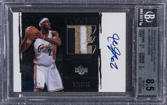 2003-04 "Exquisite Collection" Patches Autographs #LJ LeBron James Signed Game Used Patch Rookie Card (#016/100) – BGS NM-MT+ 8.5/BGS 10